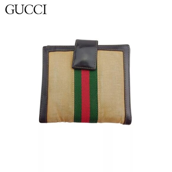 GUCCI W Hook Wallet Sherry Line Beige Canvas x Leather Authentic Used - Picture 1 of 9